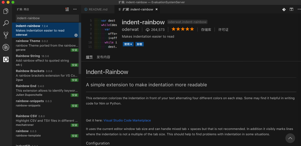 已安装插件indent-rainbow